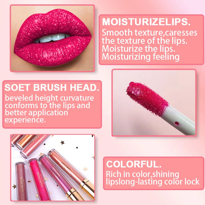 15 Color Glitter Liquid Lipsticks Shimmer Shiny Lipgloss Pearlescent Lip Tint Waterproof Long Lasting Matte Diamond Lips Glaze