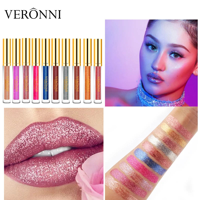 15 Color Glitter Liquid Lipsticks Shimmer Shiny Lipgloss Pearlescent Lip Tint Waterproof Long Lasting Matte Diamond Lips Glaze