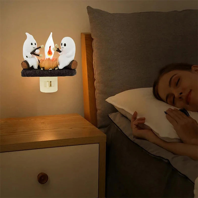 Cute Ghost Campfire Night Light Halloween Pumpkin Flickering Room Decorations Night Lights Dusk to Dawn Led Lamp Plug into Wall