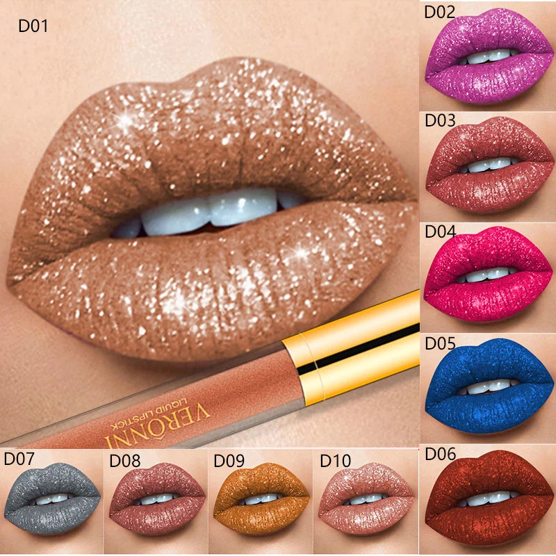 15 Color Glitter Liquid Lipsticks Shimmer Shiny Lipgloss Pearlescent Lip Tint Waterproof Long Lasting Matte Diamond Lips Glaze