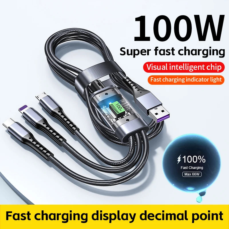 100W 3 in 1 Transparent Fast Charging Cable Type C Usb Micro for Iphone Samsung Huawei Xiaomi Pilot Lamp Charger Usb C 6A