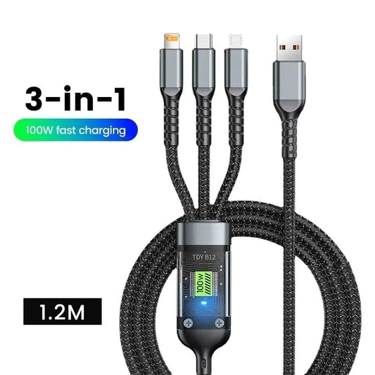 100W 3 in 1 Transparent Fast Charging Cable Type C Usb Micro for Iphone Samsung Huawei Xiaomi Pilot Lamp Charger Usb C 6A